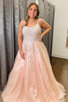 Load image into Gallery viewer, Plus Size Spaghetti Straps Light Pink Long Formal Dress with Appliques