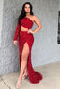 Load image into Gallery viewer, One Shoulder Sparkly Mermaid Sequins Red Long Formal Dress with Slit