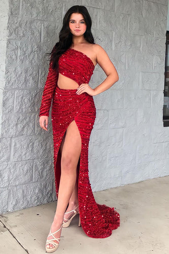 One Shoulder Sparkly Mermaid Sequins Red Long Formal Dress with Slit