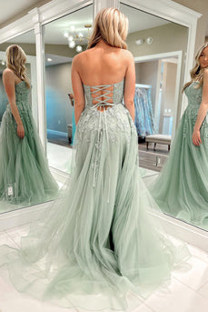 Sweetheart Beaded Light Green Long Formal Dress with Slit Front