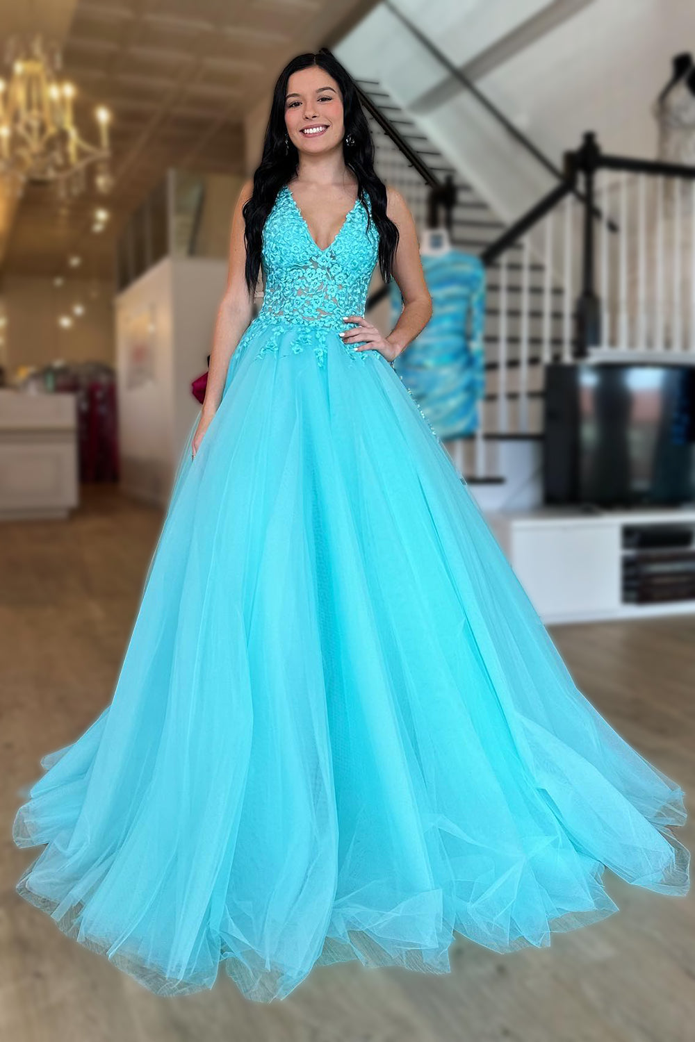 Tulle Deep V-Neck Sky Blue Long Formal Dress with Appliques