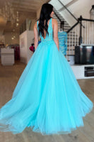 Load image into Gallery viewer, Tulle Deep V-Neck Sky Blue Long Formal Dress with Appliques