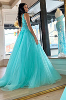 Load image into Gallery viewer, Tulle Deep V-Neck Sky Blue Long Formal Dress with Appliques