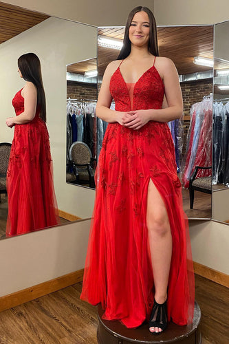 Plus Size Deep V-Neck Red Long Formal Dress with Appliques