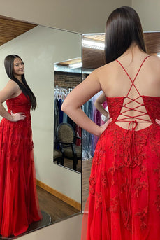 Plus Size Deep V-Neck Red Long Formal Dress with Appliques