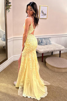 Spaghetti Straps Yellow Long Formal Dress with Appliques