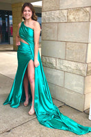 Load image into Gallery viewer, One Shoulder Cut Out Peacock Green Long Formal Dress with Slit