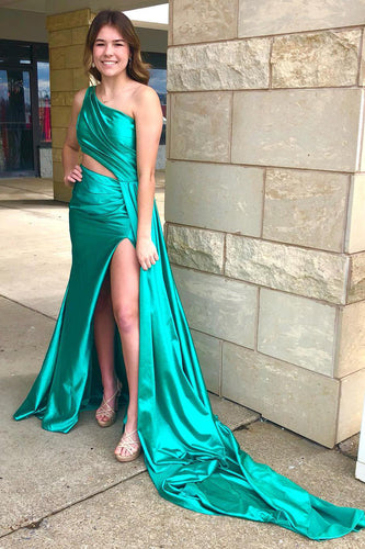 One Shoulder Cut Out Peacock Green Long Formal Dress with Slit