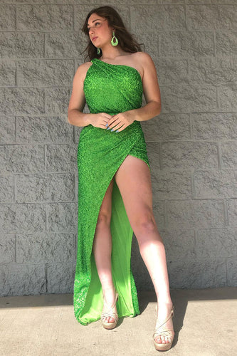 One Shoulder Green Long Formal Dress with Slit