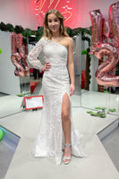 Load image into Gallery viewer, Mermaid One Shoulder White Long Formal Dress with Slit
