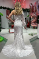 Load image into Gallery viewer, Mermaid One Shoulder White Long Formal Dress with Slit