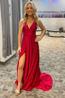 Load image into Gallery viewer, Spaghetti Straps Red Long Formal Dress with Slit
