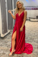 Load image into Gallery viewer, Spaghetti Straps Red Long Formal Dress with Slit