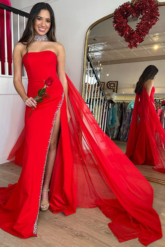 Mermaid Strapless Red Long Formal Dress with Slit