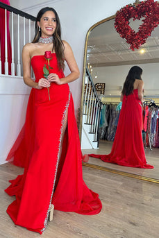 Mermaid Strapless Red Long Formal Dress with Slit