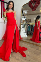 Load image into Gallery viewer, Mermaid Strapless Red Long Formal Dress with Slit