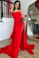 Load image into Gallery viewer, Mermaid Strapless Red Long Formal Dress with Slit