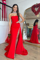 Load image into Gallery viewer, Mermaid Strapless Red Long Formal Dress with Slit