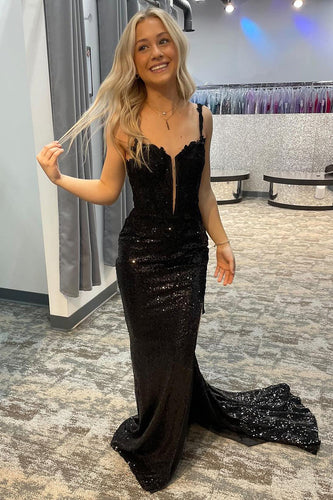 Sparkly Mermaid Sequins Black Long Formal Dress with Slit Front