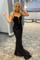 Load image into Gallery viewer, Sparkly Mermaid Sequins Black Long Formal Dress with Slit Front