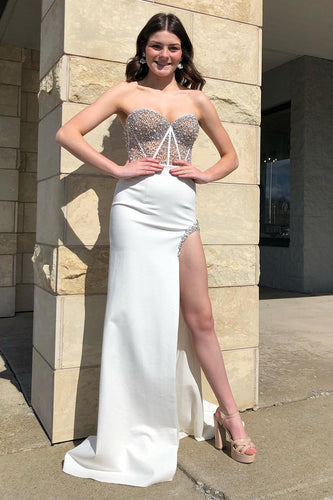 Mermaid Sweetheart Beaded White Corset Formal Dress with Slit
