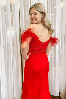 Off the Shoulder Red Corset Formal Dress with Slit