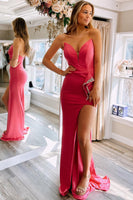 Load image into Gallery viewer, Mermaid Strapless Coral Long Formal Dress with Slit