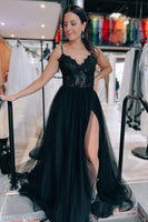 Load image into Gallery viewer, Tulle Spaghetti Straps Lace-Up Back Black Long Formal Dress with Slit
