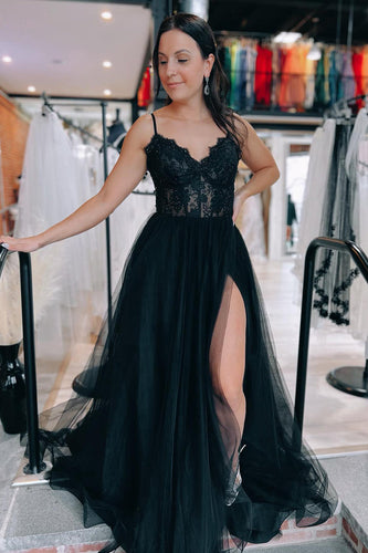 Tulle Spaghetti Straps Lace-Up Back Black Long Formal Dress with Slit