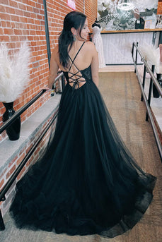 Tulle Spaghetti Straps Lace-Up Back Black Long Formal Dress with Slit