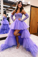 Load image into Gallery viewer, Purple High Low Detachable Sleeves Corset Formal Dress with Lace