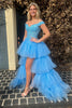 Load image into Gallery viewer, Blue High Low Formal Formal Dress with Lace