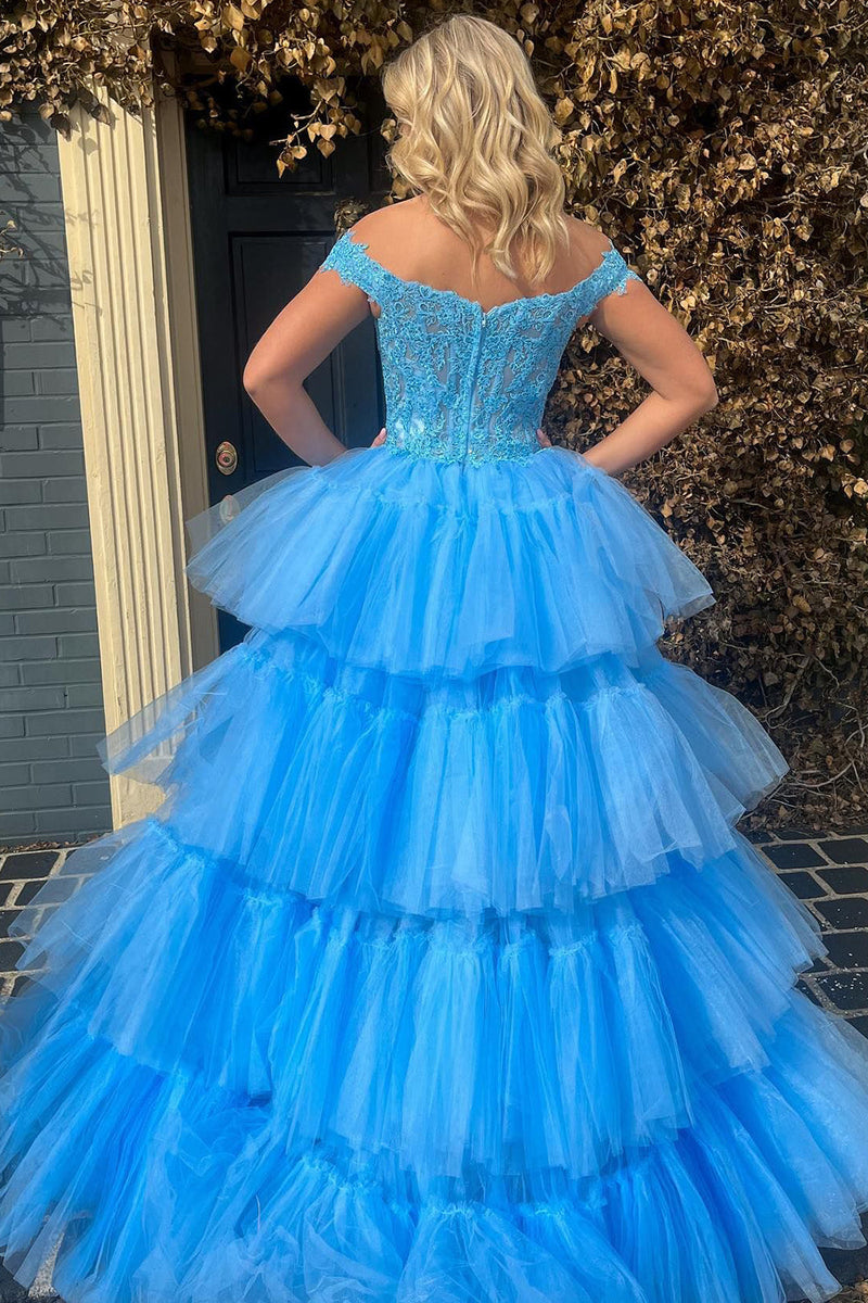Load image into Gallery viewer, Blue High Low Formal Formal Dress with Lace