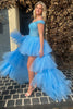 Load image into Gallery viewer, Blue High Low Formal Formal Dress with Lace