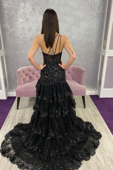 Sparkly Black One Shoulder Tiered Lace Long Formal Dress with Slit