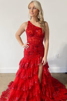 Load image into Gallery viewer, Sparkly Black One Shoulder Tiered Lace Long Formal Dress with Slit