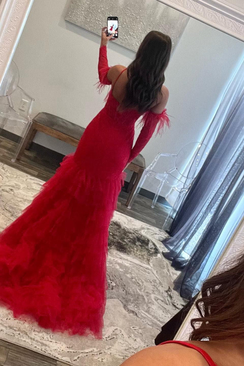 Load image into Gallery viewer, Red Mermaid One Shoulder Lace Detachle Sleeves Corset Long Formal Dress