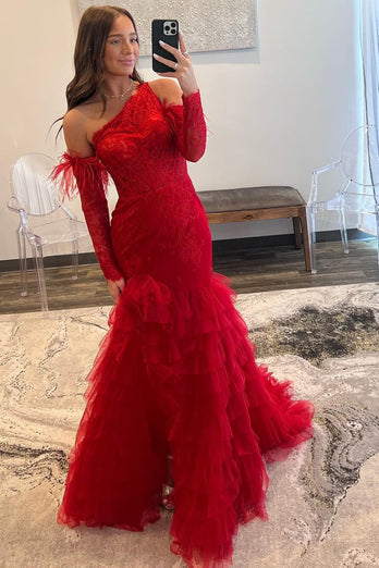 Red Mermaid One Shoulder Lace Detachle Sleeves Corset Long Formal Dress