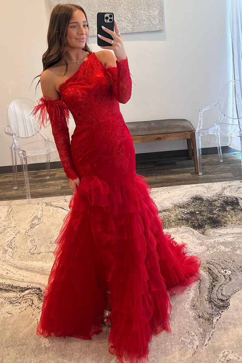 Load image into Gallery viewer, Red Mermaid One Shoulder Lace Detachle Sleeves Corset Long Formal Dress