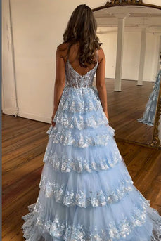 Sparkly Light Blue Spaghetti Straps Tiered Lace Long Corset Formal Dress