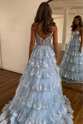 Sparkly Light Blue Spaghetti Straps Tiered Lace Long Corset Formal Dress