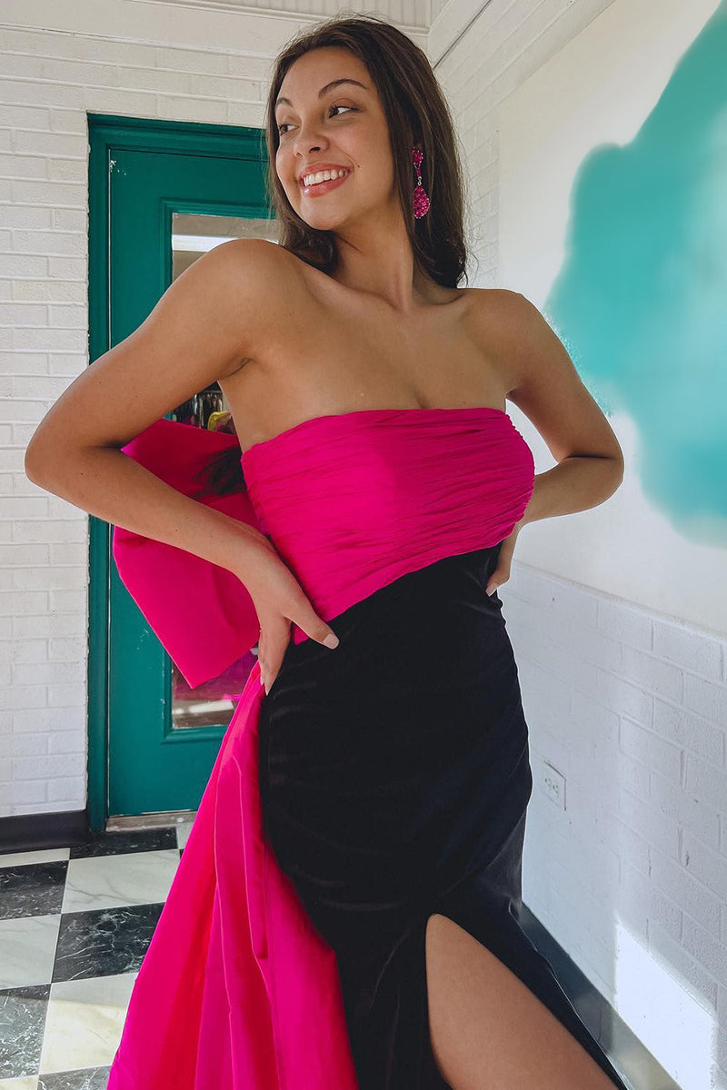 Load image into Gallery viewer, Black Patchwork Strapless Mermaid Long Formal Dress with Back Bowknot
