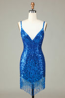 Load image into Gallery viewer, Sheath Spaghetti Straps Peacockt Blue Sequins 1920s Dress with Tassel