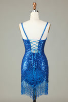 Load image into Gallery viewer, Sheath Spaghetti Straps Peacockt Blue Sequins 1920s Dress with Tassel