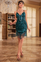 Load image into Gallery viewer, Sheath Spaghetti Straps Peacockt Blue Sequins 1920s Dress with Tassel