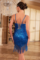 Load image into Gallery viewer, Bodycon Spaghetti Straps Blue Sequins 1920s Dress with Tassel