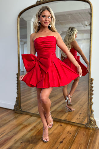 A-Line Satin Red Strapless Short Formal Dress with Bowknot