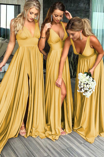 Deep V-Neck Backless Yellow Long Bridesmaid Dress with Slit