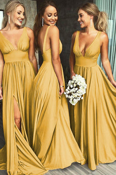 Deep V-Neck Backless Yellow Long Bridesmaid Dress with Slit