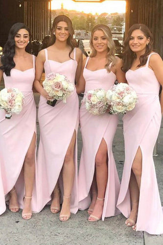 Light Pink Spaghetti Straps Long Bridesmaid Dress with Slit